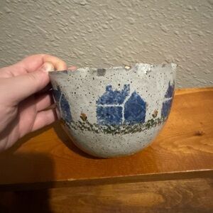 Handcrafted Ceramic Bowl with Blue House Design